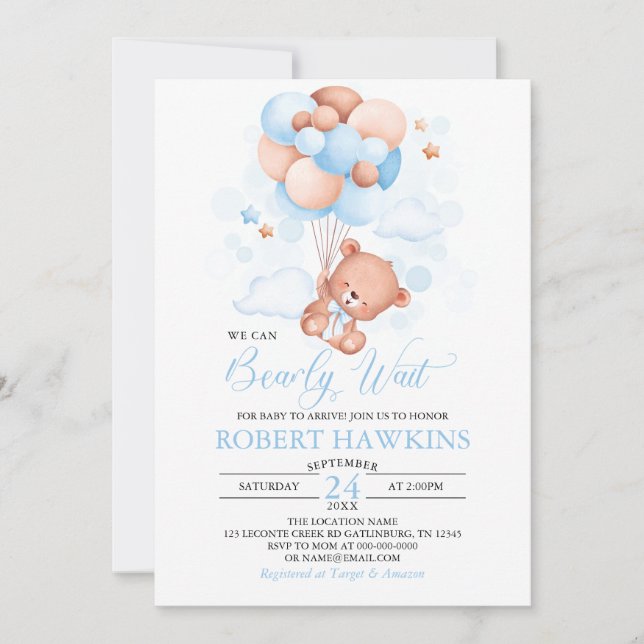 Invitación Boy Teddy Bear Blue Balloons Baby Shower (Anverso)