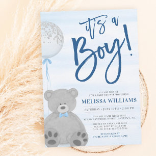 Invitación Boy Teddy Bear Blue Gray Balloon Baby Shower