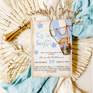 Invitación Boy Teddy Bear Blue Hot Air Balloon Baby Shower