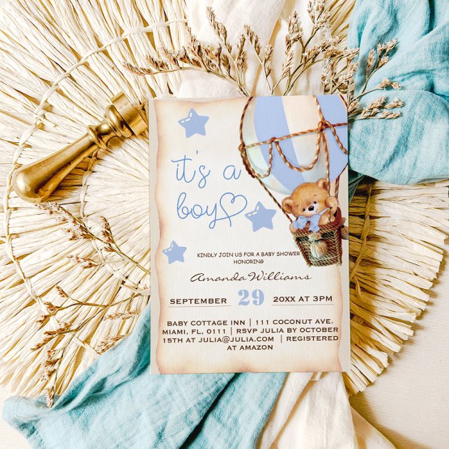 Invitación Boy Teddy Bear Blue Hot Air Balloon Baby Shower (Subido por el creador)