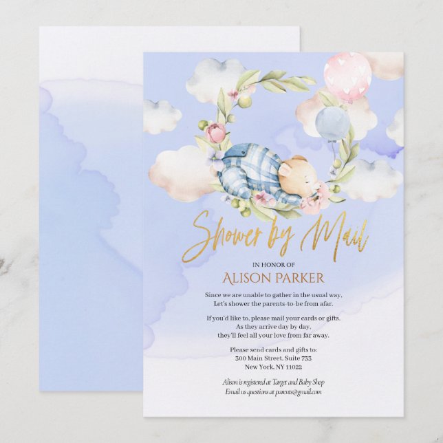 Invitación Boy Teddy Bear Cuece Woodland Baby Shower Por Corr (Anverso / Reverso)