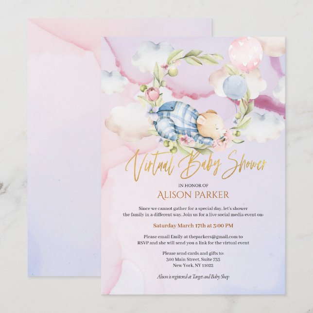 Invitación Boy Teddy Bear lindo Baby Shower virtual (Anverso / Reverso)