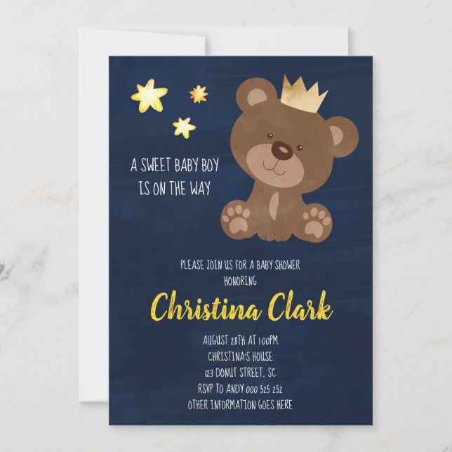 Invitación Boy Teddy Bear Navy Baby Shower Azul (Anverso)