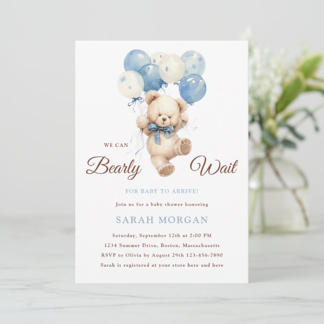 Invitación Boy Teddy Bear Podemos Esperar A Baby Shower (Anverso de pie)