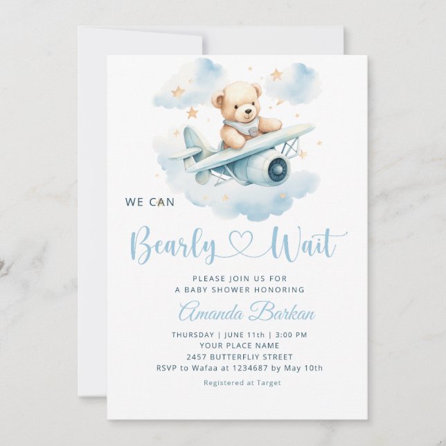 Invitación Boy Teddy Bear Podemos Esperar A Baby Shower (Anverso)