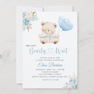 Invitación Boy Teddy Bear We Can Bearly Wait blue Baby Shower