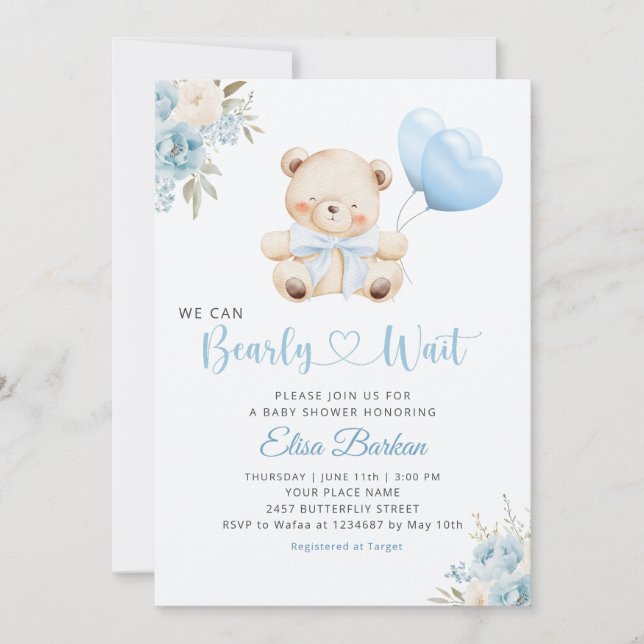 Invitación Boy Teddy Bear We Can Bearly Wait blue Baby Shower (Anverso)