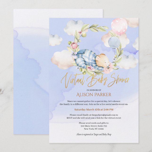 Invitación Boy Teddy Bear Woodland Virtual Baby Shower (Anverso / Reverso)