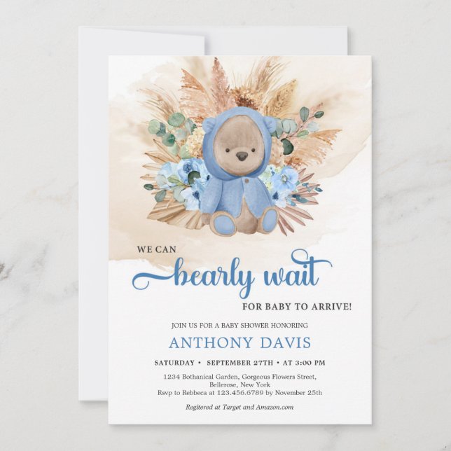 Invitación Boy teddy oso pampas hierba flores azul vegetación (Anverso)
