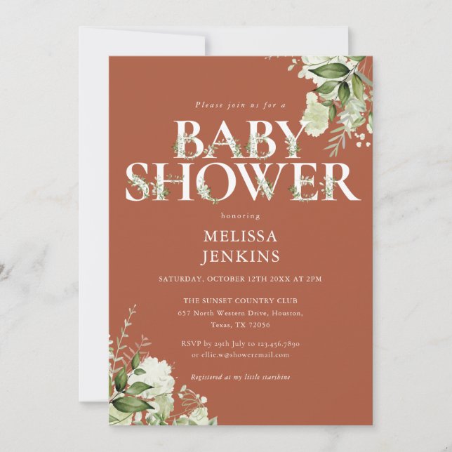 Invitación Boy Terracotta Greenery Letra Floral Baby Shower (Anverso)