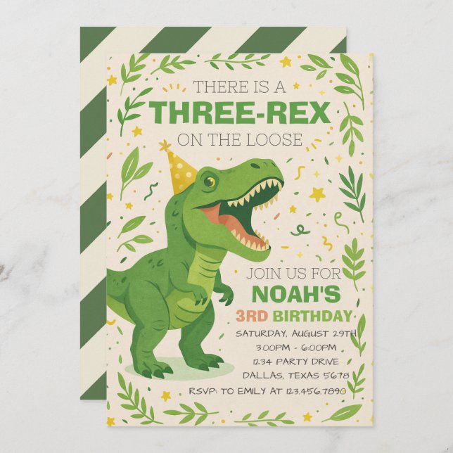 Invitación Boy Three-Rex Dinosaur Birthday (Anverso / Reverso)