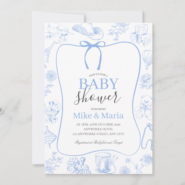 Invitación Boy Toile De Jouy Blue Baby Shower Invitation (Anverso)