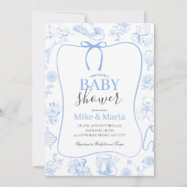 Invitación Boy Toile De Jouy Blue Baby Shower Invitation