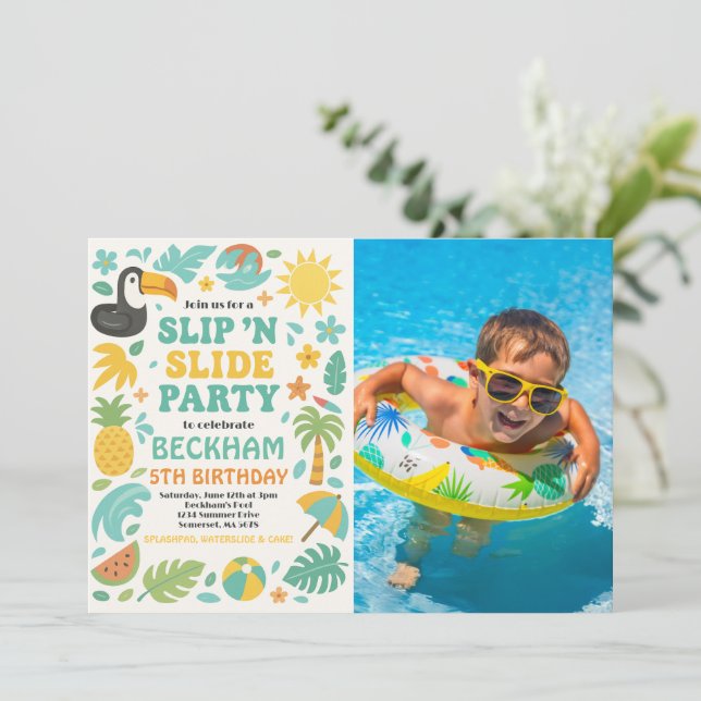 Invitación Boy Tropical Slip ’N’ Slide Birday Party Photo (Anverso de pie)