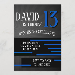 Invitación Boy Tween Adolescente Aniversario moderno Azul Sim
