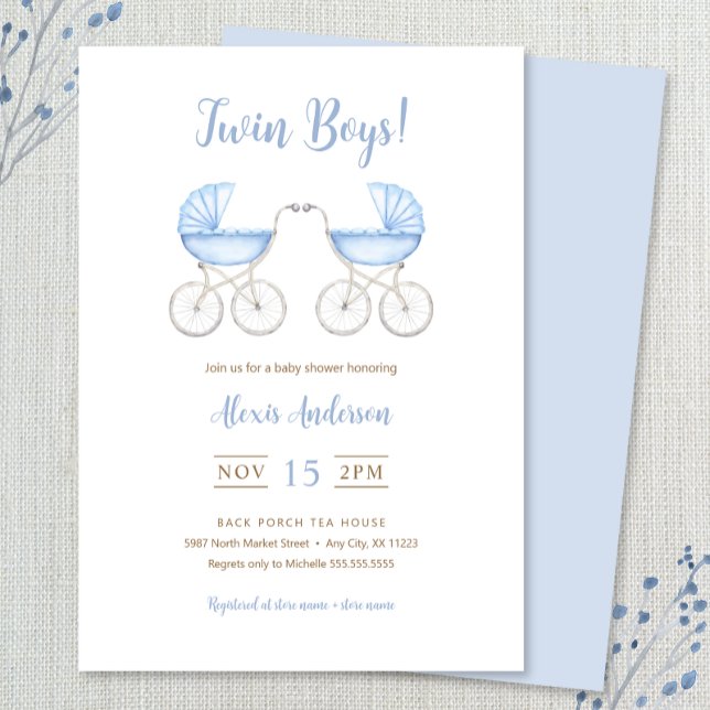 Invitación Boy Twins with blue Carriages Baby Shower (Subido por el creador)