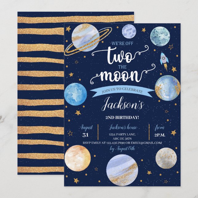 Invitación Boy Two The Moon Space Birday (Anverso / Reverso)
