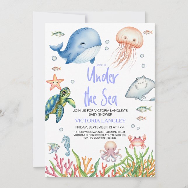 Invitación Boy Under The Sea Ocean Animals Baby Shower (Anverso)