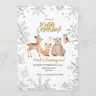 Invitación Boy Winter chica de bosques de primer cumpleaños a