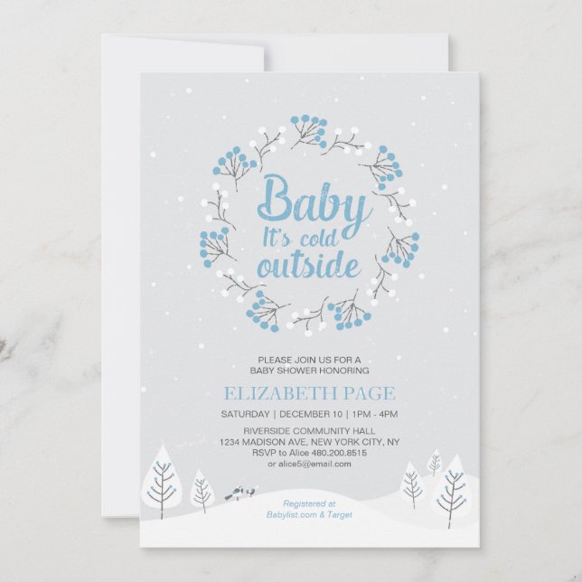 Invitación Boy Winter Wonderland Baby Shower, azul y gris (Anverso)