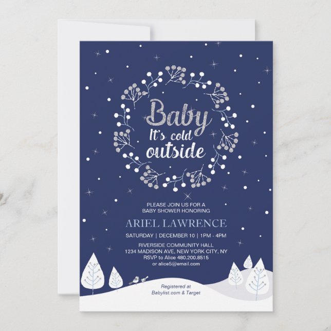 Invitación Boy Winter Wonderland Baby Shower, Marina y Plata (Anverso)