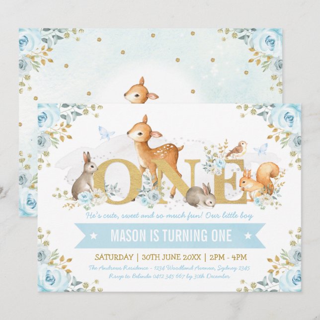 Invitación Boy Woodland Animales Blue Gold Floral Primer cump (Anverso / Reverso)