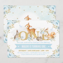 Invitación Boy Woodland Animales Blue Gold Floral Primer cump