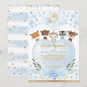 Invitación Boy Woodland Baby Shower Por Correo Blue Gold Hear