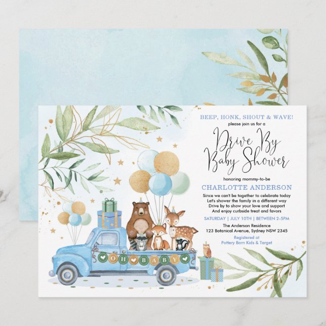 Invitación Boy Woodland Forest Drive by Baby Shower Parade (Anverso / Reverso)