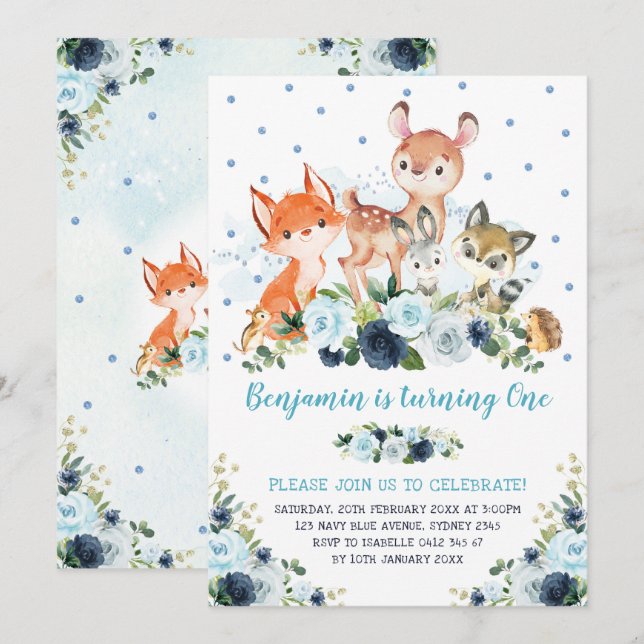 Invitación Boy Woodland Forest Navy Floral Azul primer cumple (Anverso / Reverso)