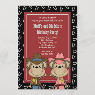 Invitación BOY y CHICA Cowboy Mono 5x7 Cumpleaños