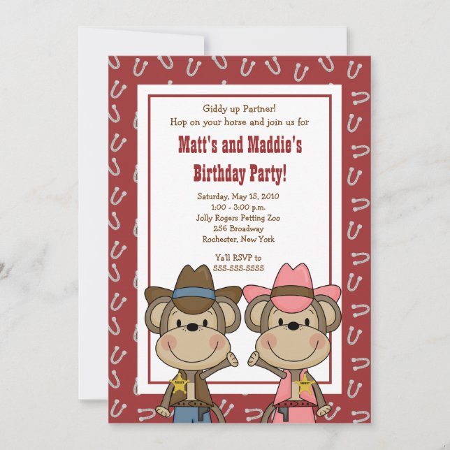Invitación BOY y CHICA Cowboy Mono 5x7 Cumpleaños (Anverso)