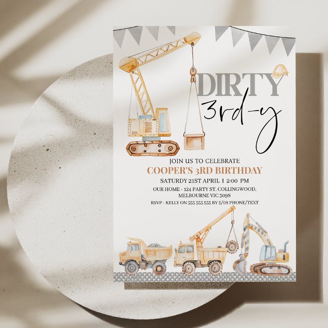 Invitación Boy Yellow Construction Dirty 3rd-y 3er cumpleaños (Editable Dirty 3rd-y Birthday Invitation Template, Construction Themed 3rd Birthday Invite Modern )