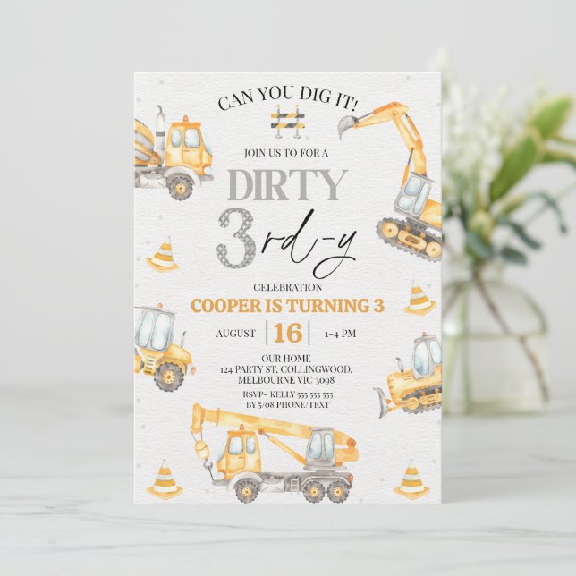 Invitación Boy Yellow Grey Construction Dirty 3rd-y Birthday  (Anverso de pie)