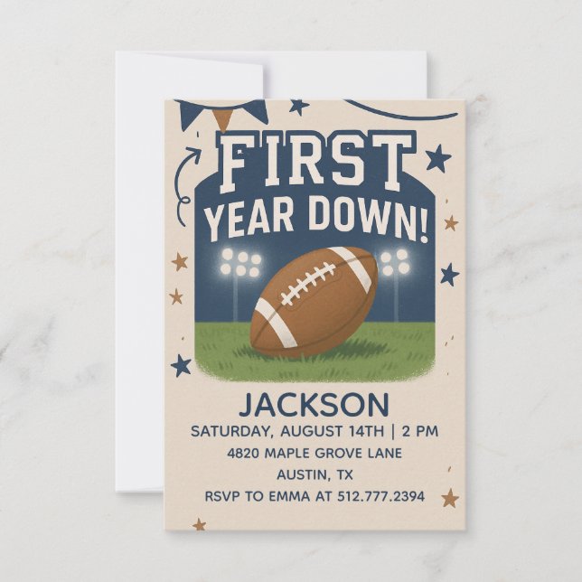 Invitación Boy's 1st Birthday First Year Down -Blue Football  (Anverso)