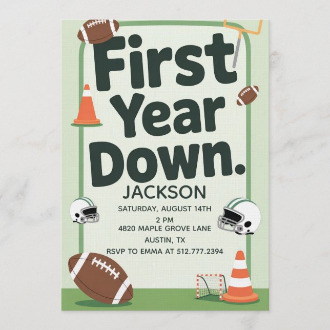 Invitación Boy's 1st Birthday First Year Down - Football Bday (Anverso)
