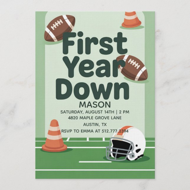 Invitación Boy's 1st Birthday First Year Down - Football Bday (Anverso)