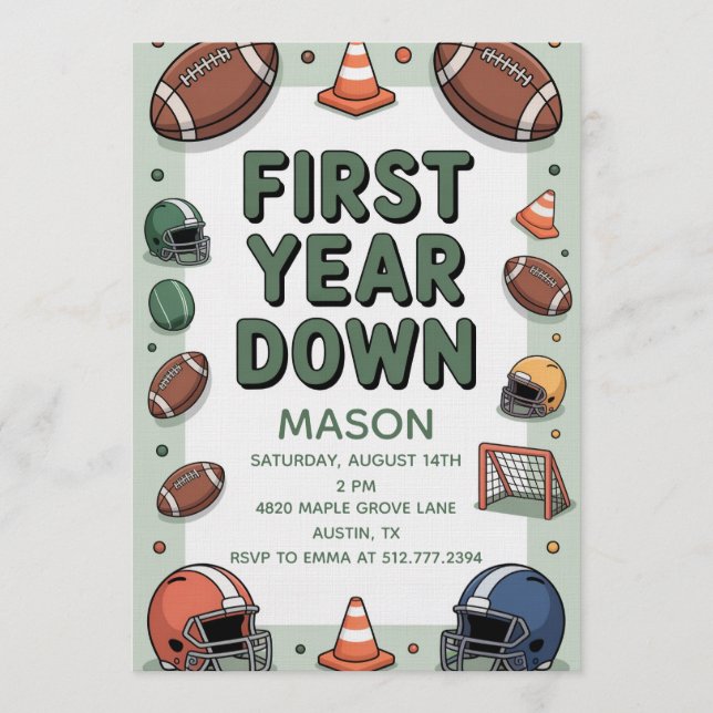 Invitación Boy's 1st Birthday First Year Down - Football Bday (Anverso)