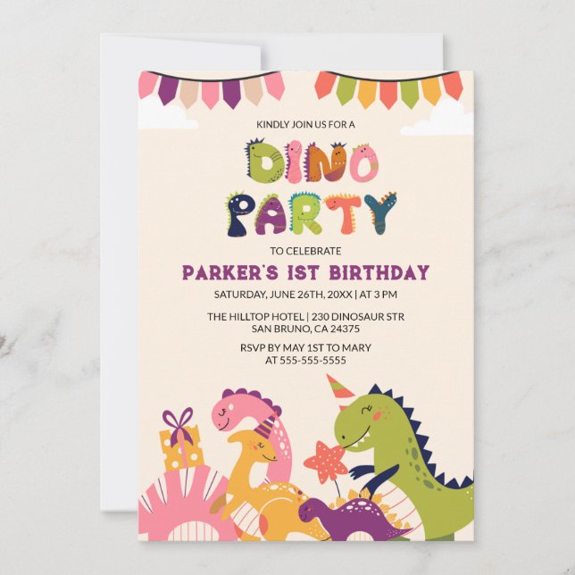 Invitación Boys acuarela Dinosaurio primer cumpleaños (Anverso)