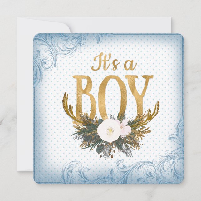 Invitación Boys Antler Baby Shower Blue and Gold (Anverso)