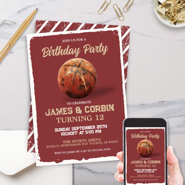 Invitación Boys Basketball Red Theme Doble fiesta de cumpleañ (Red Birthday party invitation for twins double party invites for two with basketball theme)