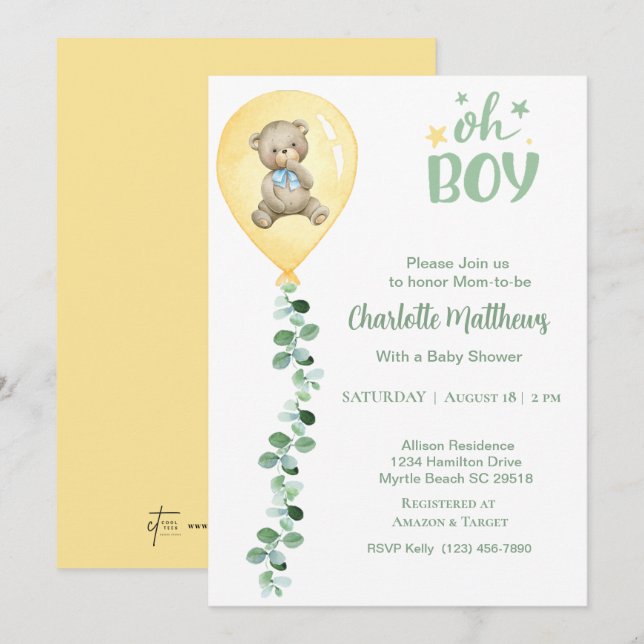 Invitación Boys Bear Balón Amarillo Eucalyptus Baby Shower (Anverso / Reverso)