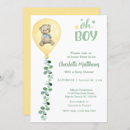 Invitación Boys Bear Balón Amarillo Eucalyptus Baby Shower