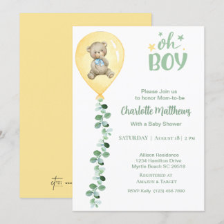 Invitación Boys Bear Balón Amarillo Eucalyptus Baby Shower