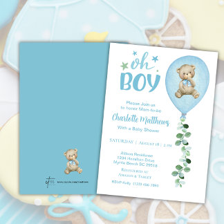 Invitación Boys Bear Blue Balloon Eucalyptus Baby Shower