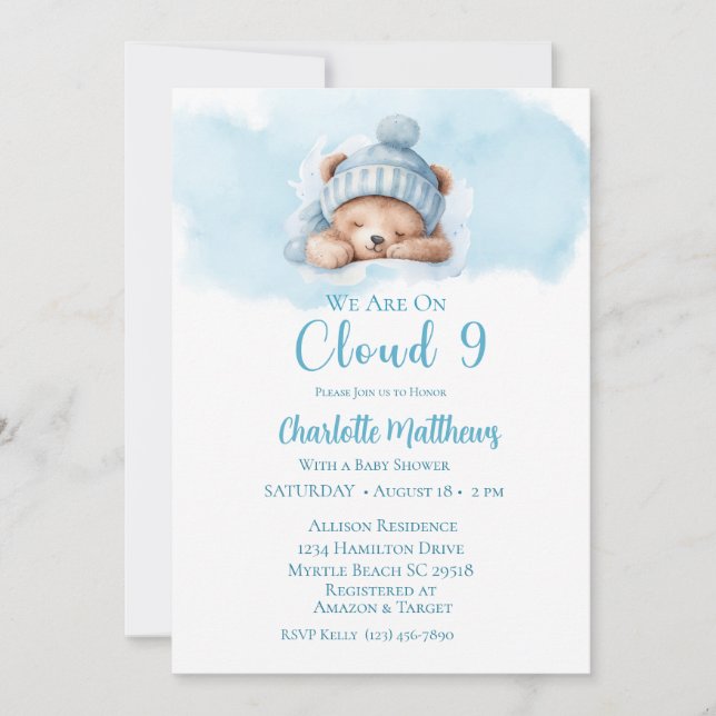 Invitación Boys Bear Cloud Nueve 9 Baby Shower (Anverso)
