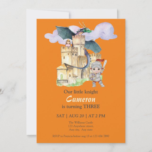 Invitación Boys Birthday Fairytale Knight Castle Dragon  (Anverso)