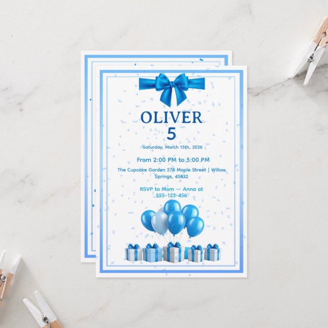 Invitación Boys Birthday Invitation - Gift Boxes & Confetti (Anverso/Reverso In Situ)