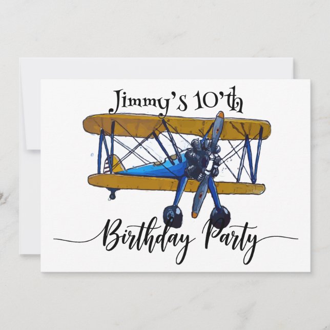 Invitación Boys birthday party with yellow and blue biplane (Anverso)