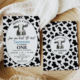 Invitación Boys Black White Cow imprime Holy Cow primer cumpl